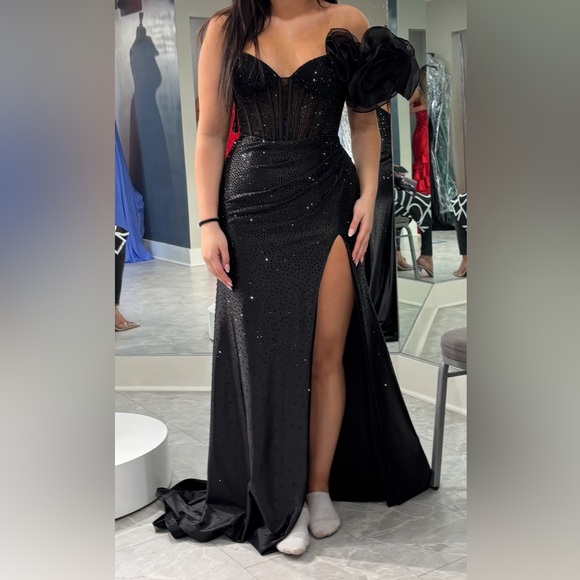 Sherri Hill Black Gown with Floral Accent - Picture 1 of 1